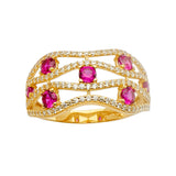 14K Yellow Gold Round Simulated Pink Sapphire Openwork Band Ring on White Background