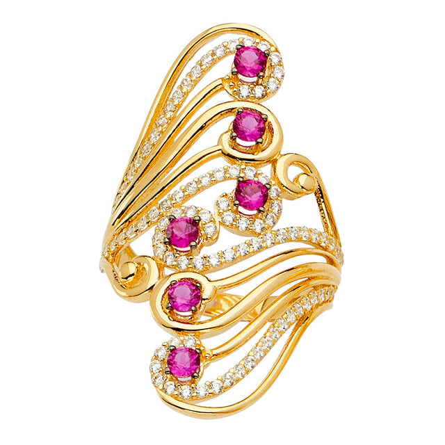 14K Yellow Gold Round Simulated Pink Sapphire Swirl Cocktail Ring on White Background