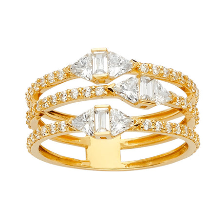 14K Yellow Gold Three-Row Open Band Ring on White Background