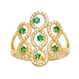 14K Yellow Gold Round Simulated Emerald Openwork Band Ring on White Background