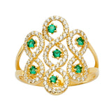 14K Yellow Gold Round Simulated Emerald Openwork Band Ring on White Background