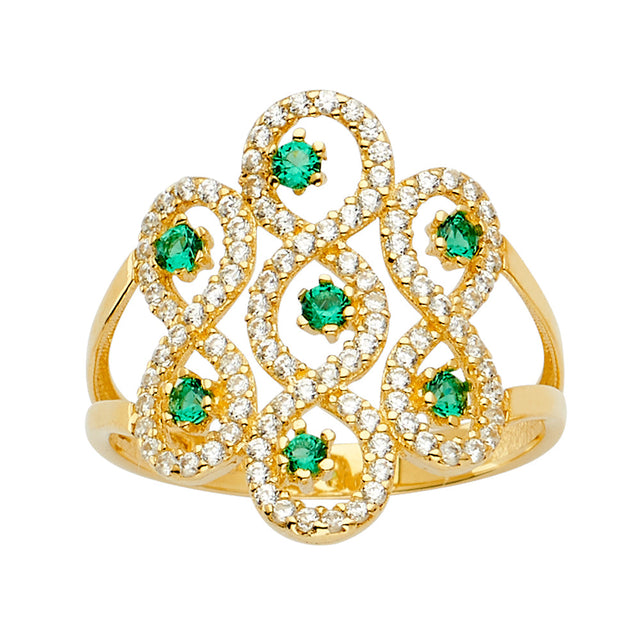 14K Yellow Gold Round Simulated Emerald Openwork Band Ring on White Background