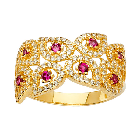 14K Yellow Gold Round Simulated Pink Sapphire Lattice Band Ring on White Background