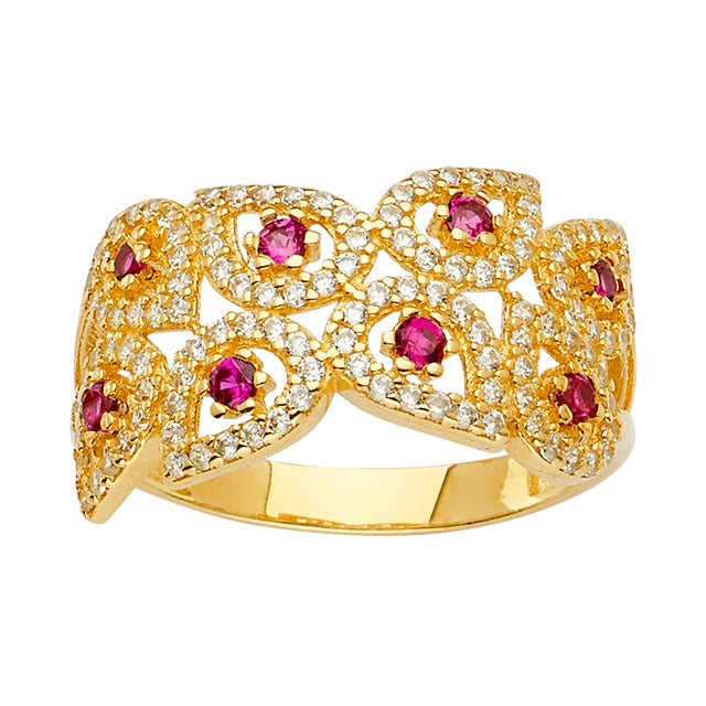 14K Yellow Gold Round Simulated Pink Sapphire Lattice Band Ring on White Background