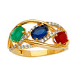 14K Yellow Gold Oval Simulated Multi-Gemstone Three-Stone Ring on White Background