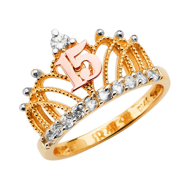 14K Tri-Color Gold Quinceanera 15 Anos Tiara Ring