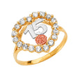 14K Tricolor Gold Heart-and-Flower Halo 15 Años Ring on White Background