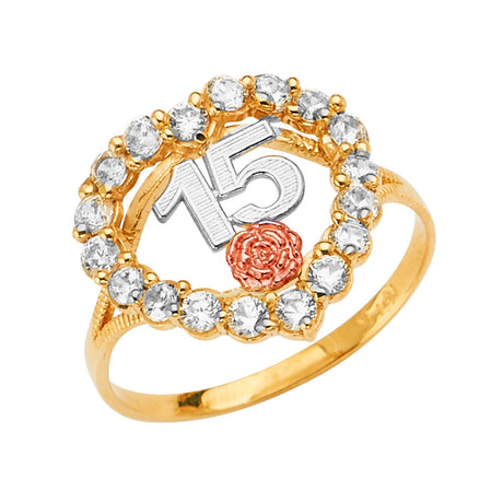 14K Tricolor Gold Heart-and-Flower Halo 15 Años Ring on White Background