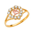 14K Tri-Color Gold 15 Anos Heart CZ Ring