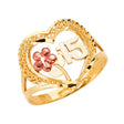 14K Tri-Color Gold 15 Anos Heart and Flower Ring