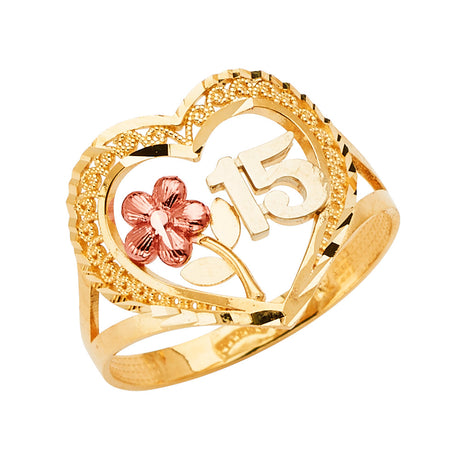 14K Tri-Color Gold 15 Anos Heart and Flower Ring