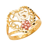 14K Tri-Color Gold 15 Anos Heart Filigree Ring