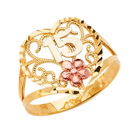 14K Tri-Color Gold 15 Anos Heart Filigree Ring