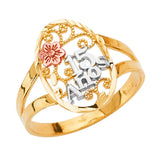 14K Tri-Color Gold 15 Anos Oval Filigree Ring