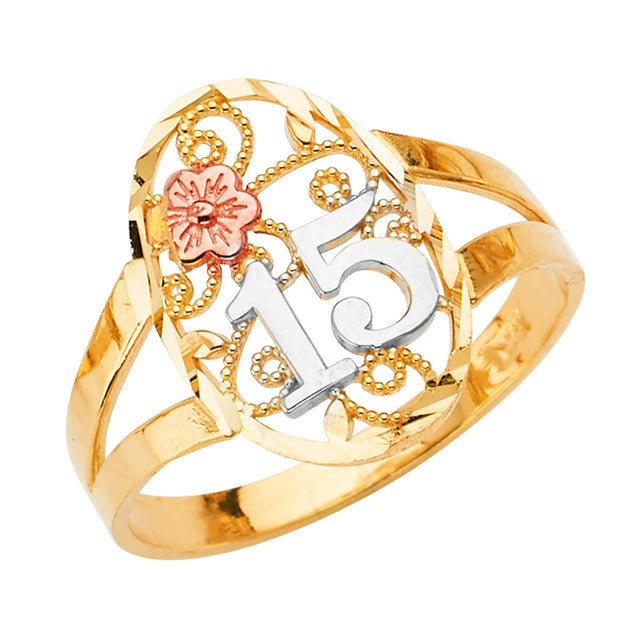 14K Tri-Color Gold 15 Anos Filigree Flower Ring