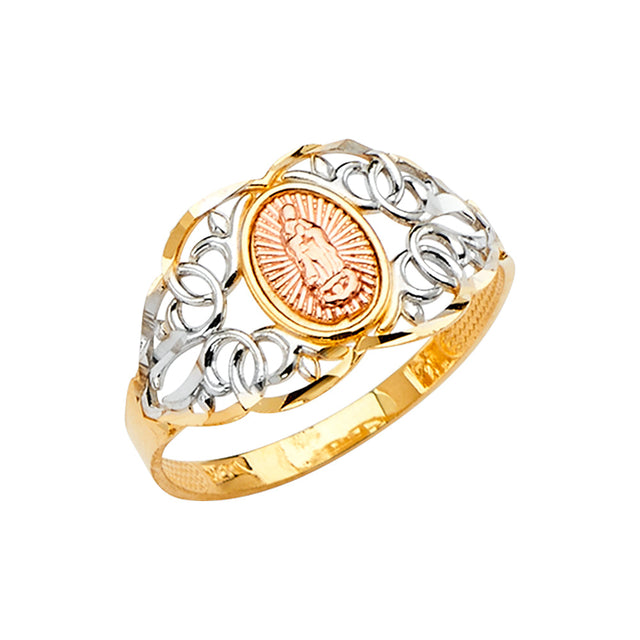 14K Tricolor Gold Interlocking Loop Guadalupe Ring on White Background