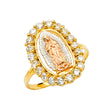 14K Tricolor Gold Elongated Oval Halo Guadalupe Ring on White Background