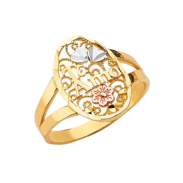 14K Tricolor Gold Te Amo Heart Signet Ring on White Background