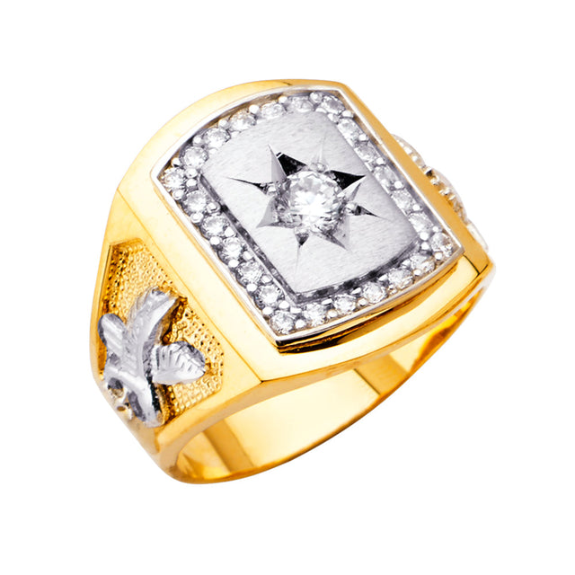 14K Two-Tone Gold Starburst Halo Signet Men's Ring on White Background