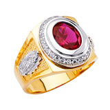 14K Two-Tone Gold Red Oval Halo Men's Ring on White Background