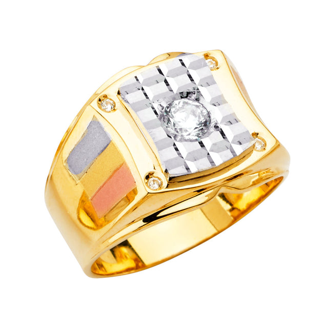 14K Tricolor Gold Starburst Signet Men's Ring on White Background