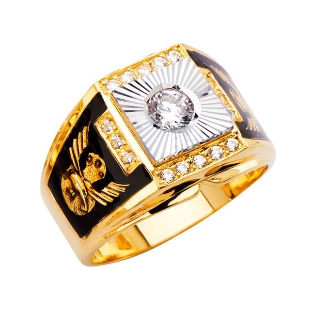 14K Two-Tone Gold Enamel Eagle Men's Ring on White Background