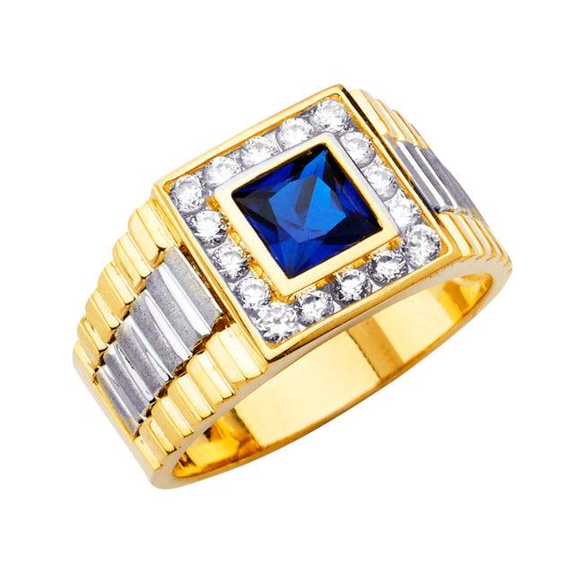 14K Two-Tone Gold Blue Princess-Cut Ribbed Halo Men's Ring on White Background