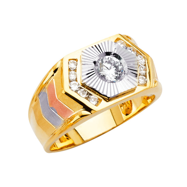 14K Tricolor Gold Starburst Men's Ring on White Background