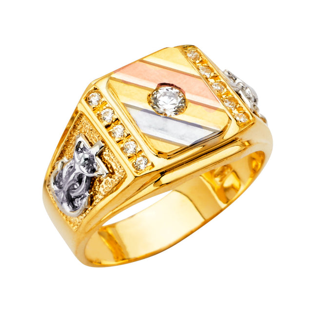14K Tricolor Gold Striped Men's Ring on White Background