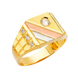 14K Tricolor Gold Single-Stone Striped Signet Men's Ring on White Background