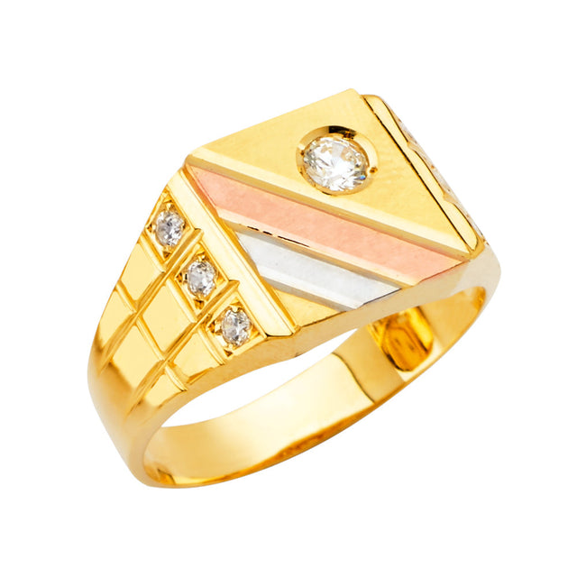 14K Tricolor Gold Single-Stone Striped Signet Men's Ring on White Background