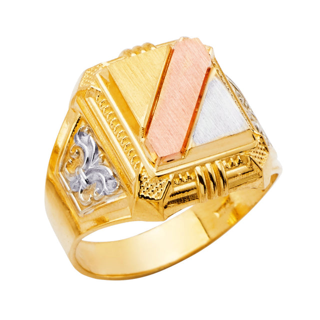14K Tricolor Gold Striped Signet Men's Ring on White Background