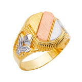 14K Tricolor Gold Diagonal Panel Men's Ring on White Background