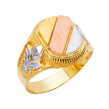 14K Tricolor Gold Diagonal Panel Men's Ring on White Background