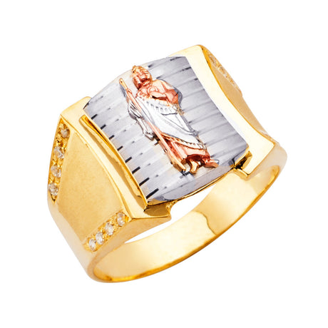 14K Tricolor Gold San Judas Tadeo Men's Ring on White Background