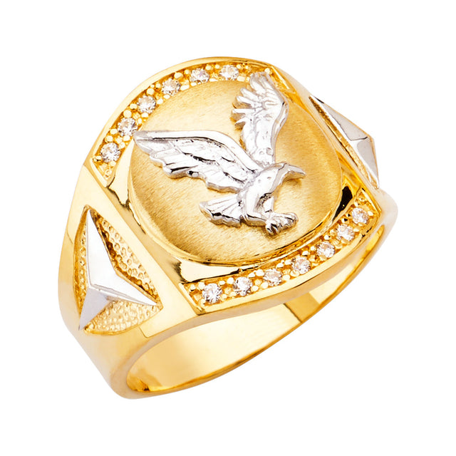14K Two-Tone Gold Eagle Crest Men's Ring on White Background