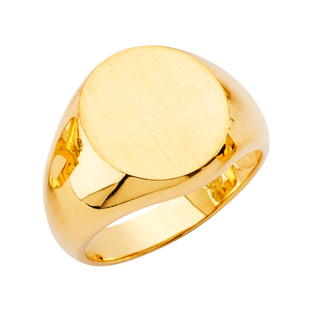 14K Yellow Gold Round Signet Men's Ring on White Background