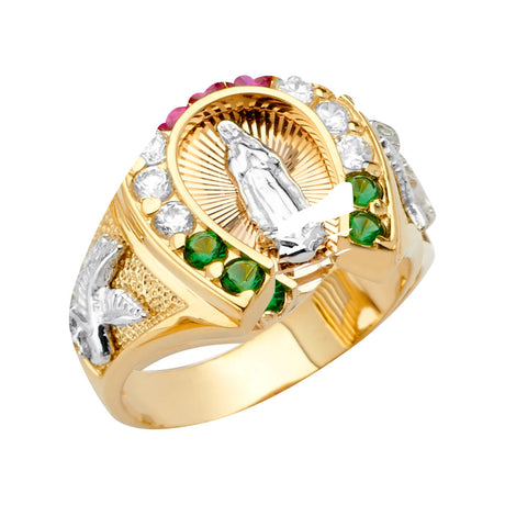 14K Tricolor Gold Men's Our Lady of Guadalupe Horseshoe Ring on White Background