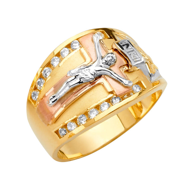 14K Tricolor Gold Cross-Panel Jesus Men's Ring on White Background