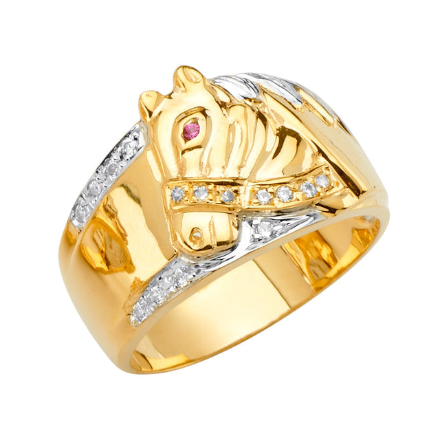 14K Tricolor Gold Horse Head Crest Men's Ring on White Background