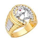 14K Two-Tone Gold Deluxe Horse Head Horseshoe Men's Ring on White Background