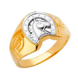 14K Two-Tone Gold Satin-Panel Horse Head Horseshoe Men's Ring on White Background
