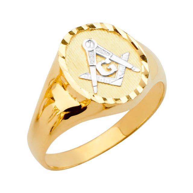 14K Two-Tone Gold Masonic Men's Ring on White Background