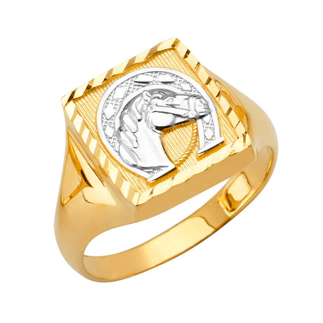 14K Two-Tone Gold Square-Frame Horse Head Horseshoe Men's Ring on White Background