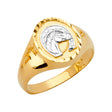 14K Two-Tone Gold Round Medallion Horse Head Horseshoe Men's Ring on White Background