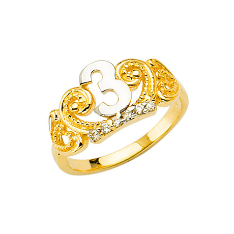 14K Two-Tone Gold Children's Third Birthday Crown Ring on White Background