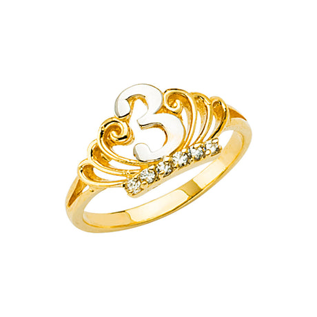 14K Two-Tone Gold Children's Third Birthday Crown Tiara Ring on White Background