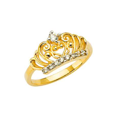 14K Two-Tone Gold Children's Crown Tiara Scroll Ring on White Background