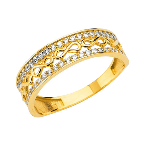 14K Yellow Gold Fancy Infinity Band Ring on White Background
