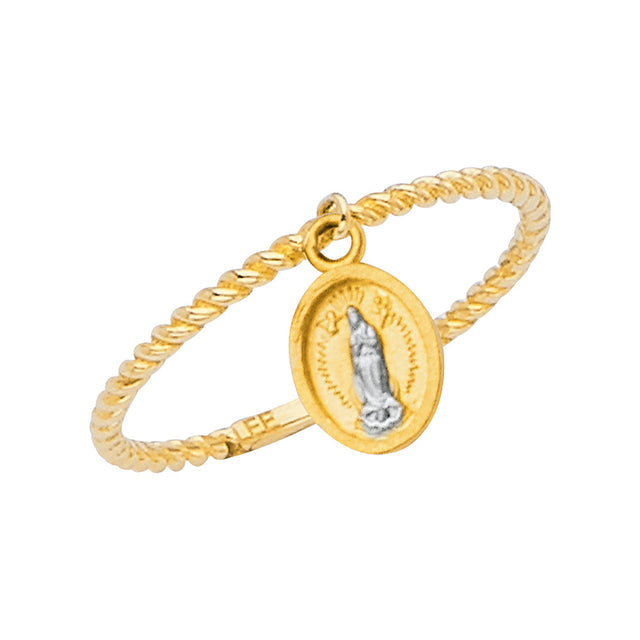 14K Two-Tone Gold Dangle Guadalupe Ring on White Background
